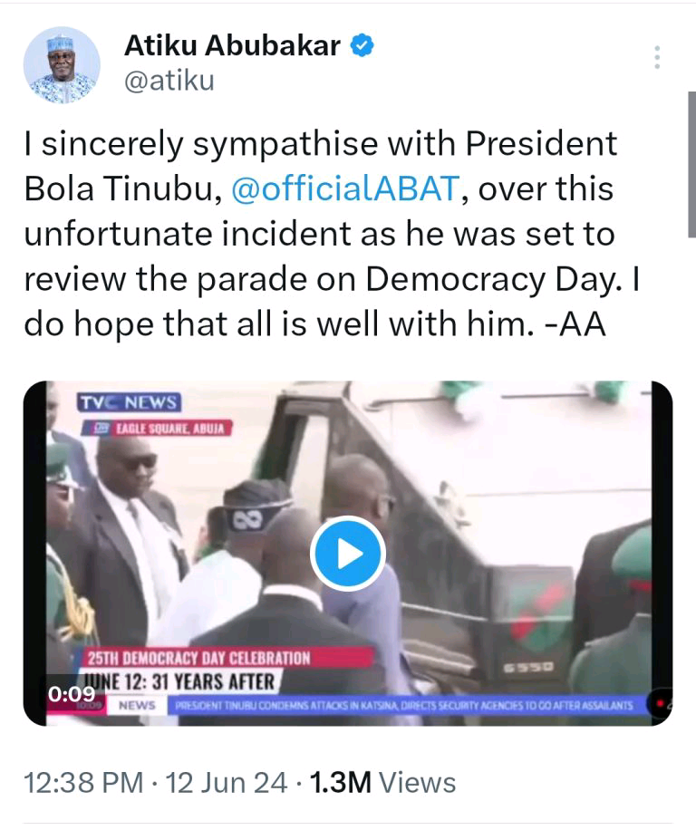 Presidency Responds to Atiku’s ‘Mocking’ Sympathy Over Tinubu’s Democracy Day Fall