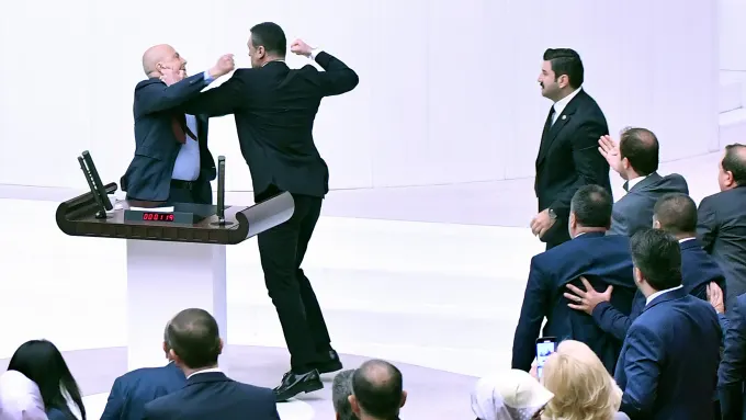 Turkey :Fistfight breaks out in Turkish parliament over debate on jailed opposition politician.